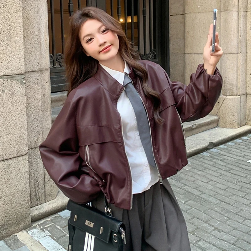 美式复古炸街PU皮衣外套女2024新款宽松显瘦休闲立领拉链88032