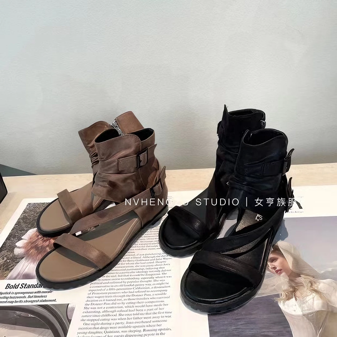 「女亨族」罗马假日 英伦风罗马凉靴高帮镂空露趾拉链凉鞋女 55596