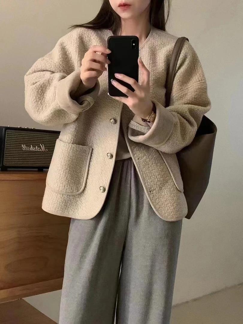 新款皮毛一体短外套女显瘦气质上衣女外套时尚休闲百搭开衫