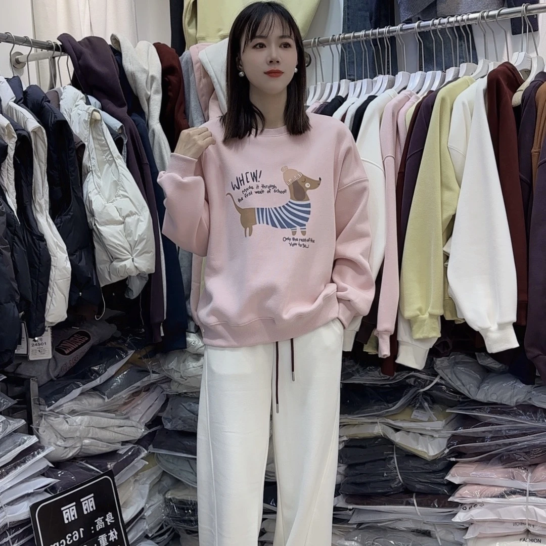 小狗字母印花卫衣女2024秋冬新款韩版宽松显瘦加绒加厚圆领上衣