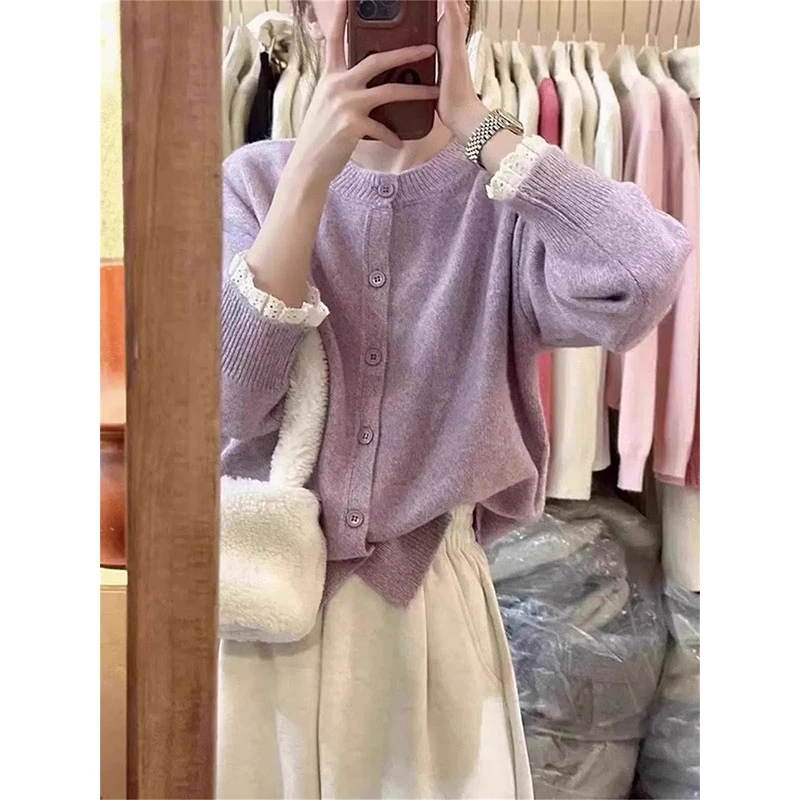 【现货现发】法式温柔风袖口蕾丝花边拼接设计加厚针织开衫毛衣外套