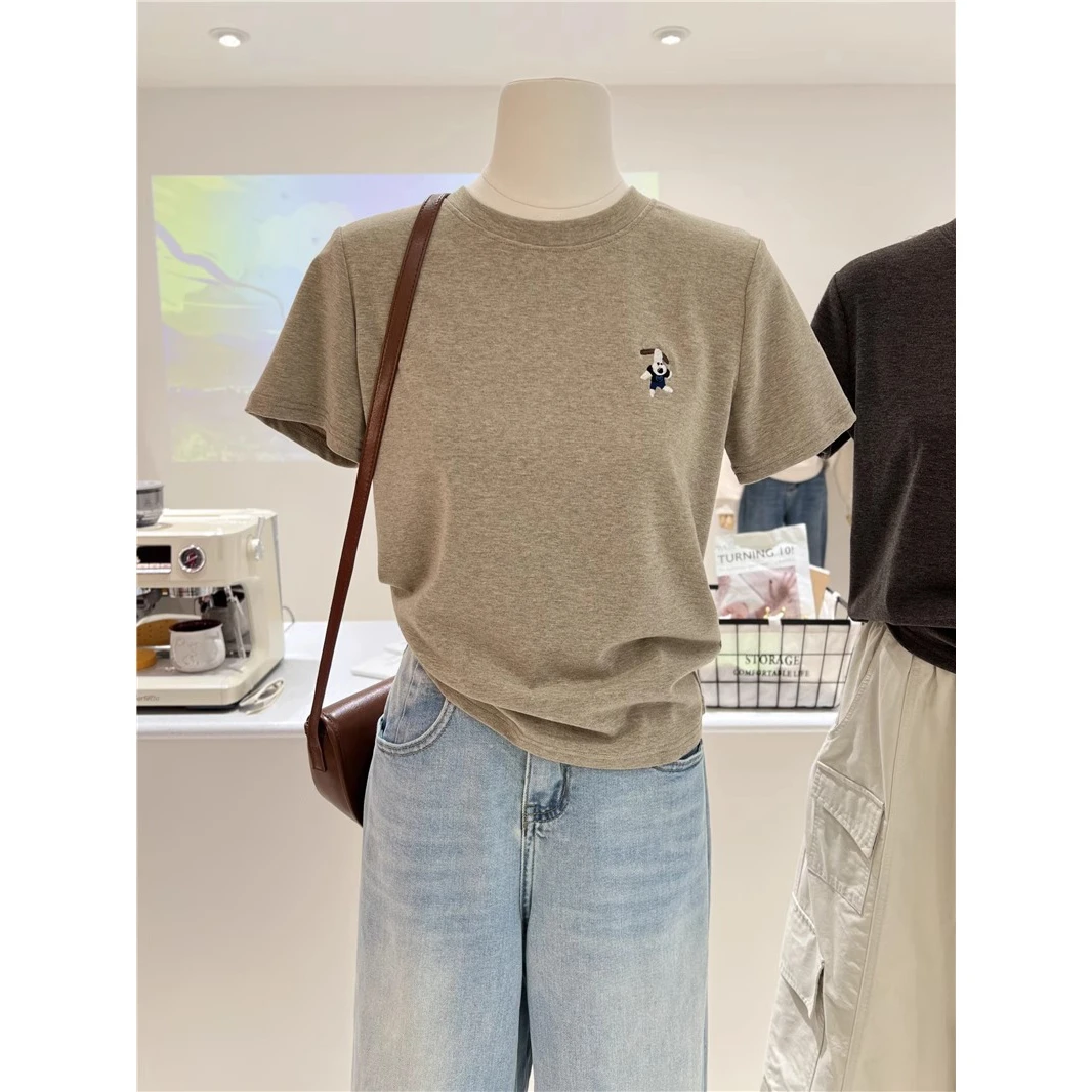 【现货闪发】春夏简约刺绣卡通小狗基础款小众短袖T恤女打底衫短袖t