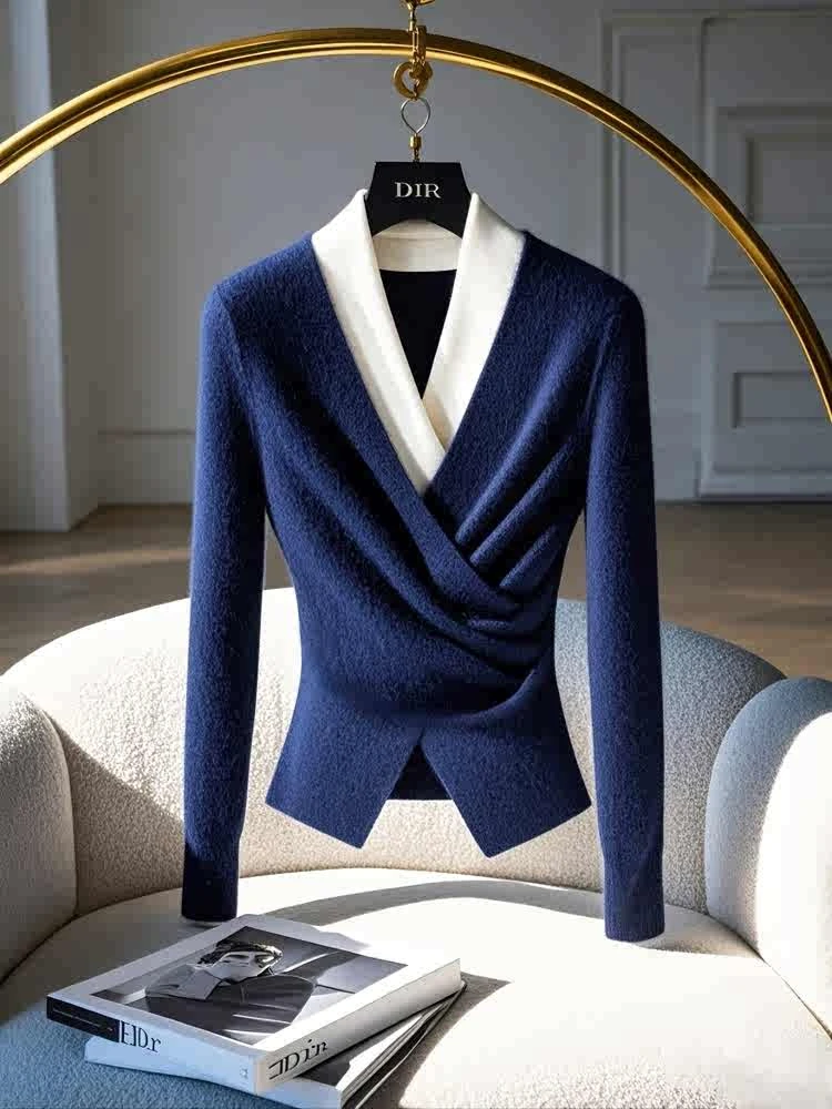 冬季新款洋气独特别致打底上衣假两件针织衫高级感超好看紫色毛衣