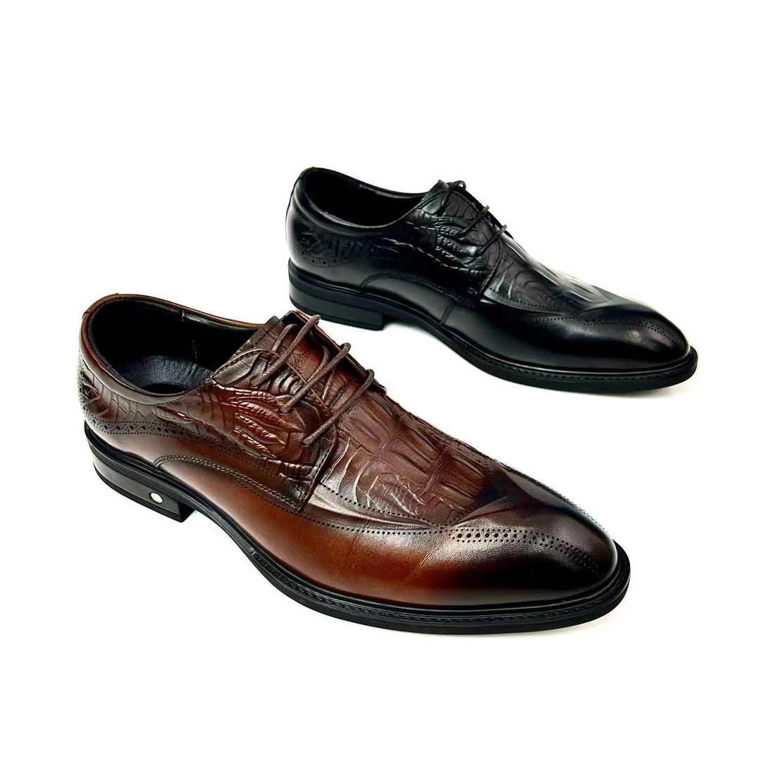 男士尖头潮流商务皮鞋时尚百搭系带休闲男皮鞋英伦风雕花透气皮鞋