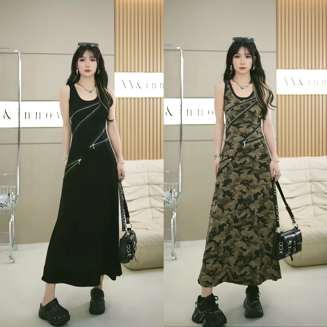 【笑姐定制】98541 小众多拉链设计迷彩修身长款显瘦背心连衣裙