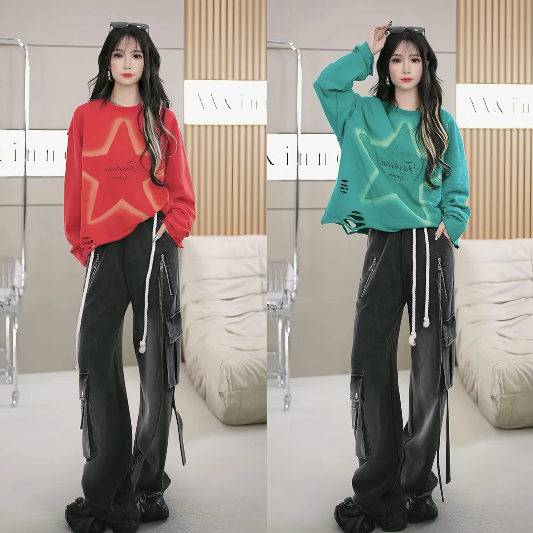 【笑姐定制】W3006 早秋小众新款星星贴布字母刺绣破洞宽松百搭卫衣