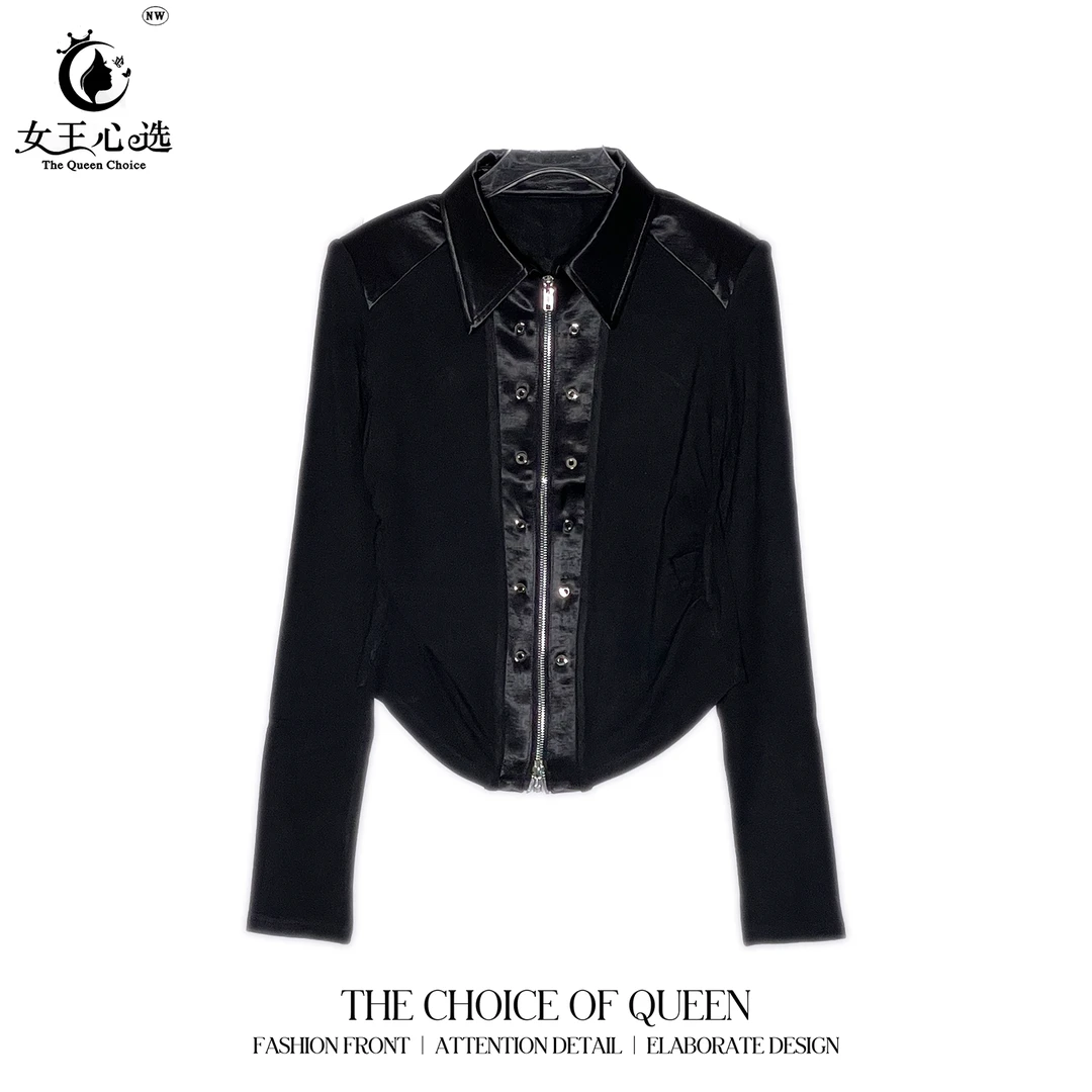 【笑姐定制】Y22135 秋冬新款磨毛加厚拼接钉珠设计带垫肩修身外套