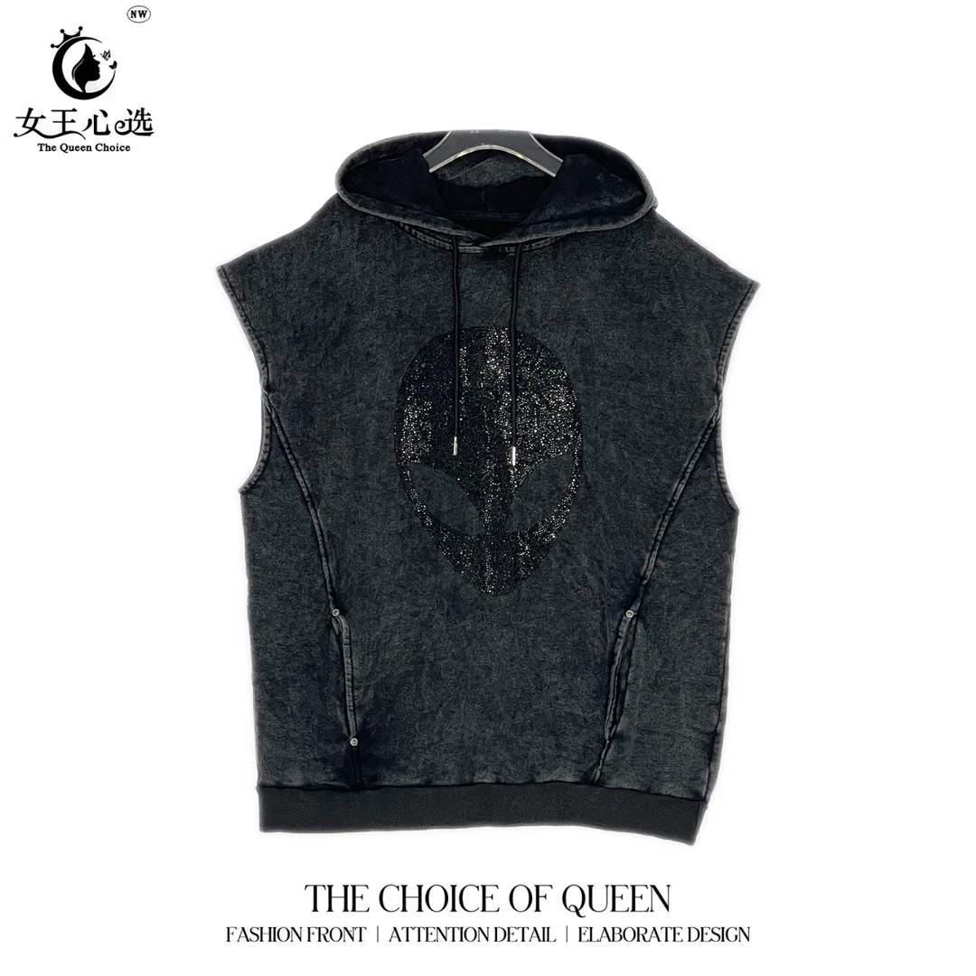 【笑姐定制】3785 秋季新款小众设计做旧镶钻连帽抽绳显瘦马夹