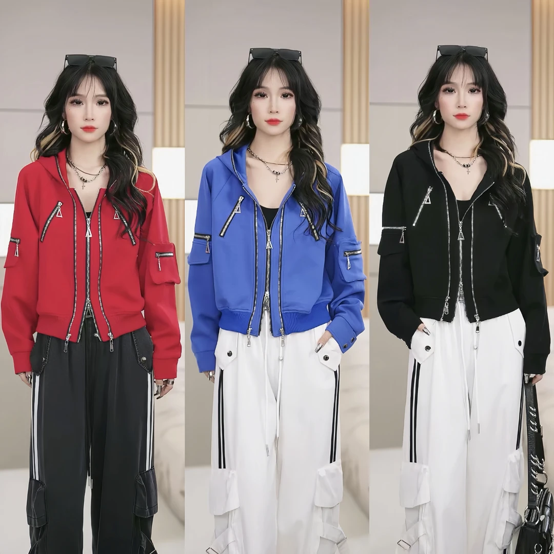 【笑姐定制】D99100 原创假两件纯色重工拉链设计连帽百搭外套