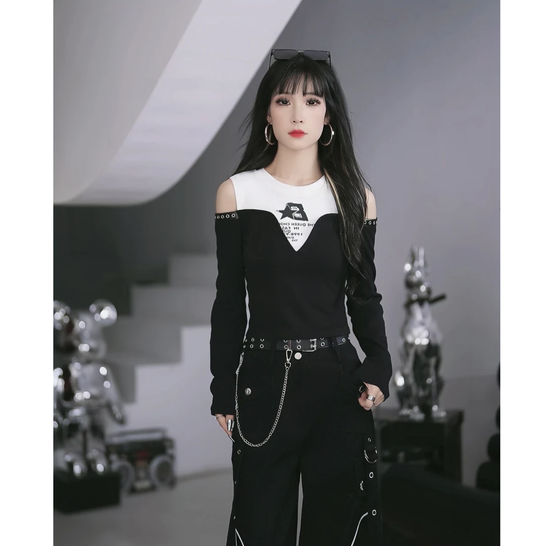 【笑姐定制】D9A260 原创磨毛加厚撞色拼接字母印花露肩修身长袖