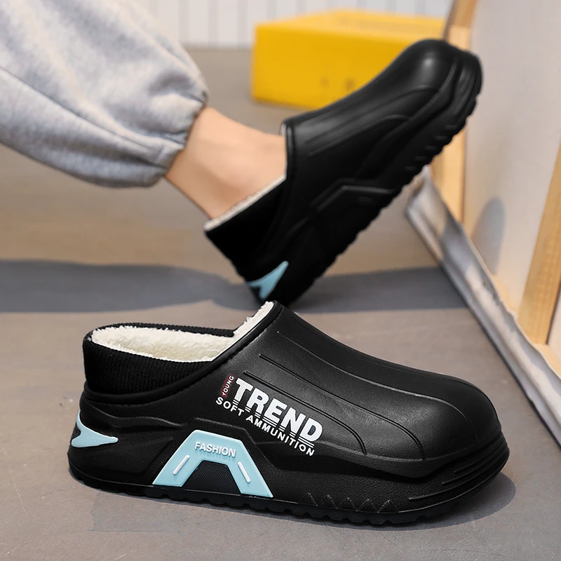 森刻男士拖鞋冬季休闲厚底加绒加厚保暖棉鞋室内外包跟拖鞋男