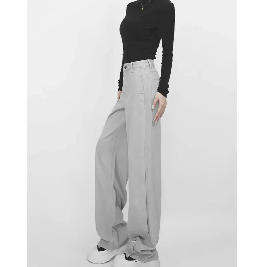 2024新款秋冬高级灰加厚舒适垂感牛仔裤女宽松高腰显瘦弯刀裤子