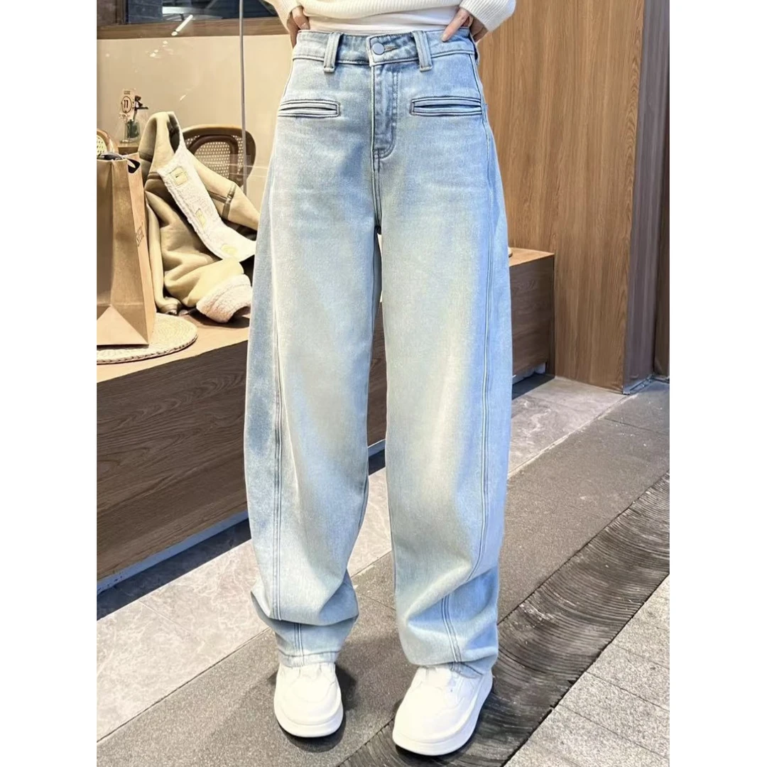 2024秋冬复古做旧水洗高级感加厚抓绒磨毛显瘦窄版阔腿裤女牛仔裤