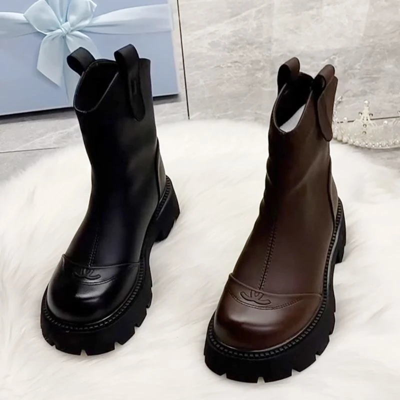 2025新款秋冬加绒马丁靴英伦风百搭女鞋显瘦小个子厚底短靴烟筒靴