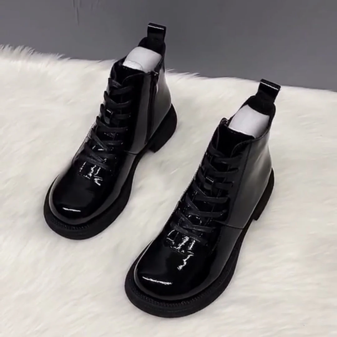 芒果头漆皮马丁靴女英伦风2025秋冬季新款粗跟大头鞋单鞋时尚短靴