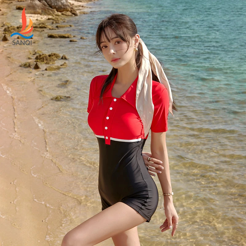 三奇泳衣女2023夏季新款POLO领保守显瘦连体游泳衣泡温泉度假泳装