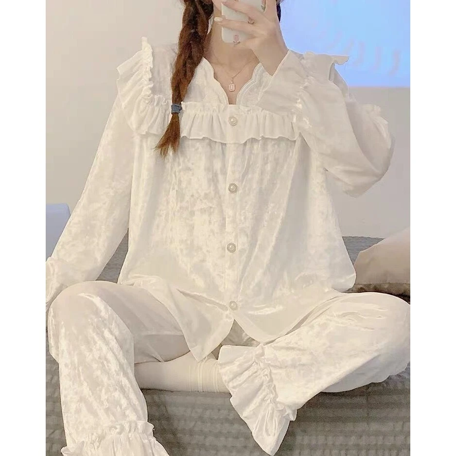 睡衣女套装春秋甜美公主风韩版网红长袖女士可外穿蕾丝家居服夏季