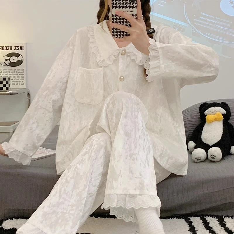 金丝绒睡衣女大码小个子女款2024新款长袖长裤甜美公主风蕾丝套装