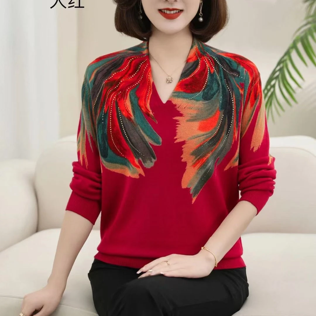 双肩花V领中老年女士针织衫针织打底衫洋气秋季时尚上档次春秋款