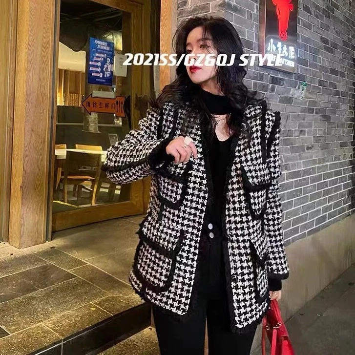 2024秋冬新款小香风外套中长款千鸟格外套
