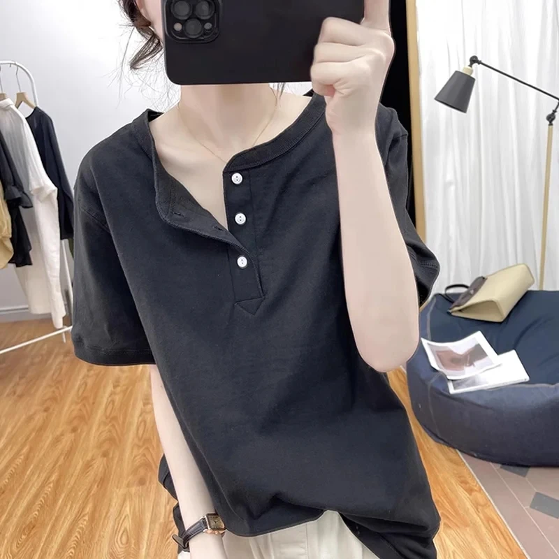纯棉短袖体恤女士圆领纽扣复古宽松遮肚美式休闲上衣出游服装女