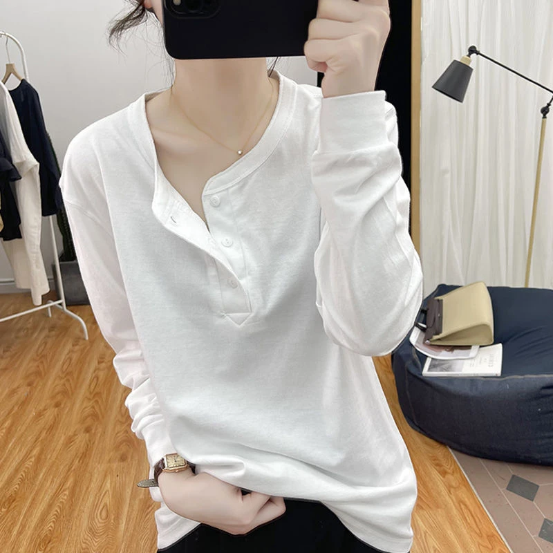 100%棉圆领宽松纽扣长袖T恤女士春秋新款复古基础纯棉打底衫上衣