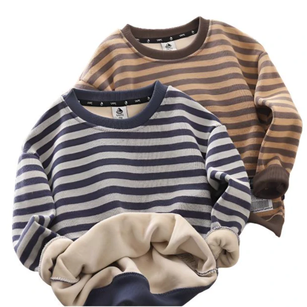 秋冬季儿童时尚衬衫休闲宝宝加绒反季童装卫衣牛仔条纹白色男童