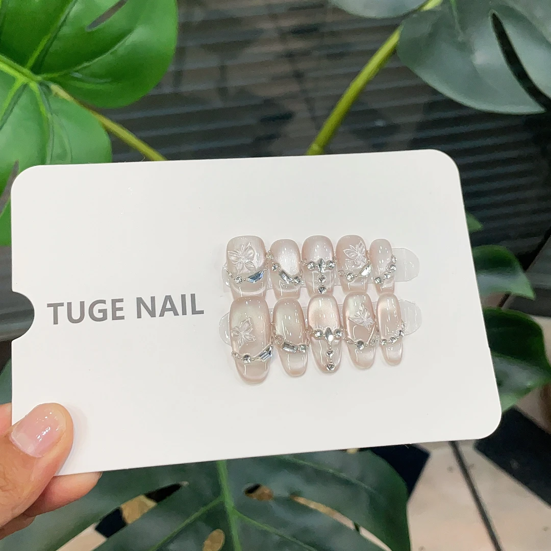 TugeNail “玉蝴蝶”轻奢显白瓷白猫眼设计师手工穿戴甲TG1101