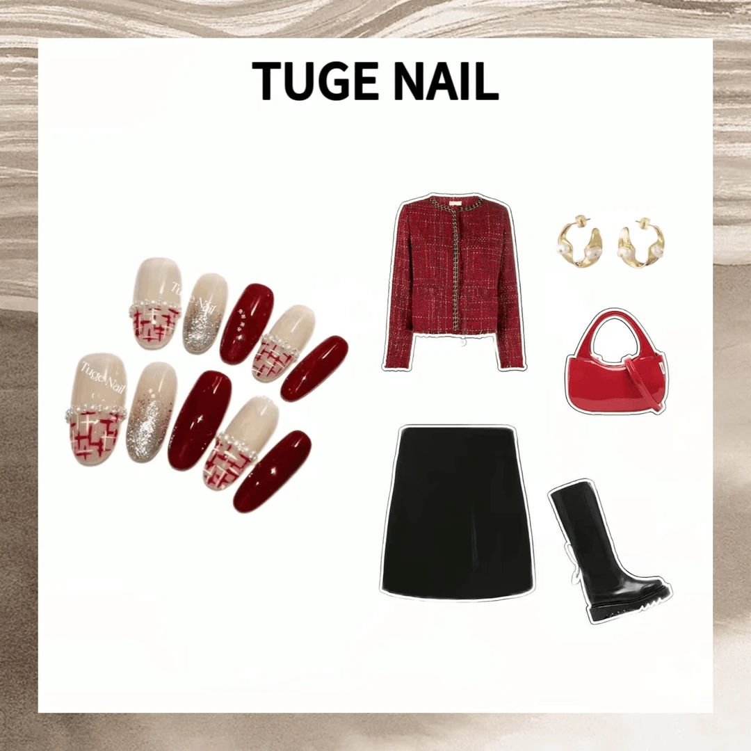 TugeNail “香格里" 秋季高级复古极简小众设计师红色格纹美甲MM