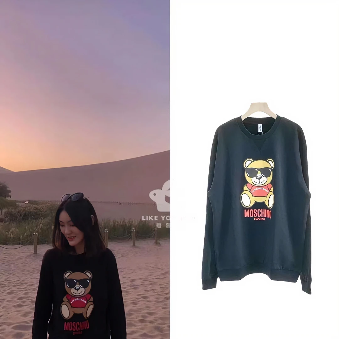 全新未使用 Moschino/莫斯奇诺 黑色墨镜熊百搭圆领套头卫衣M2920