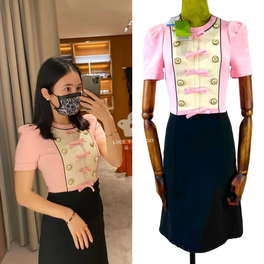 全新未使用 GUCCI/古驰 连衣裙粉黑拼色时尚修身女款尺码XS G2601