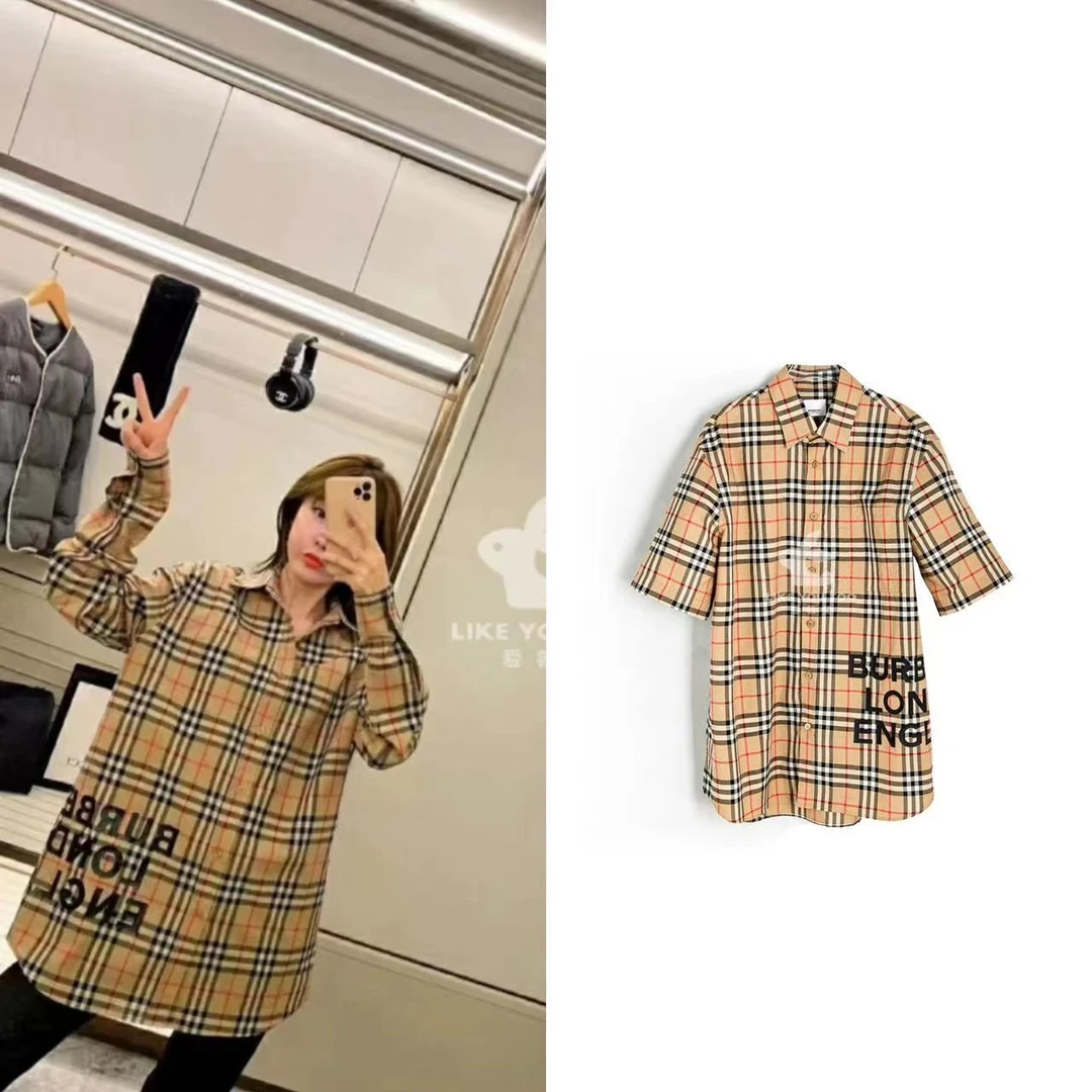 99新 BURBERRY/博柏利 经典棕格纹宽松字母logo中性短袖衬衫 0102