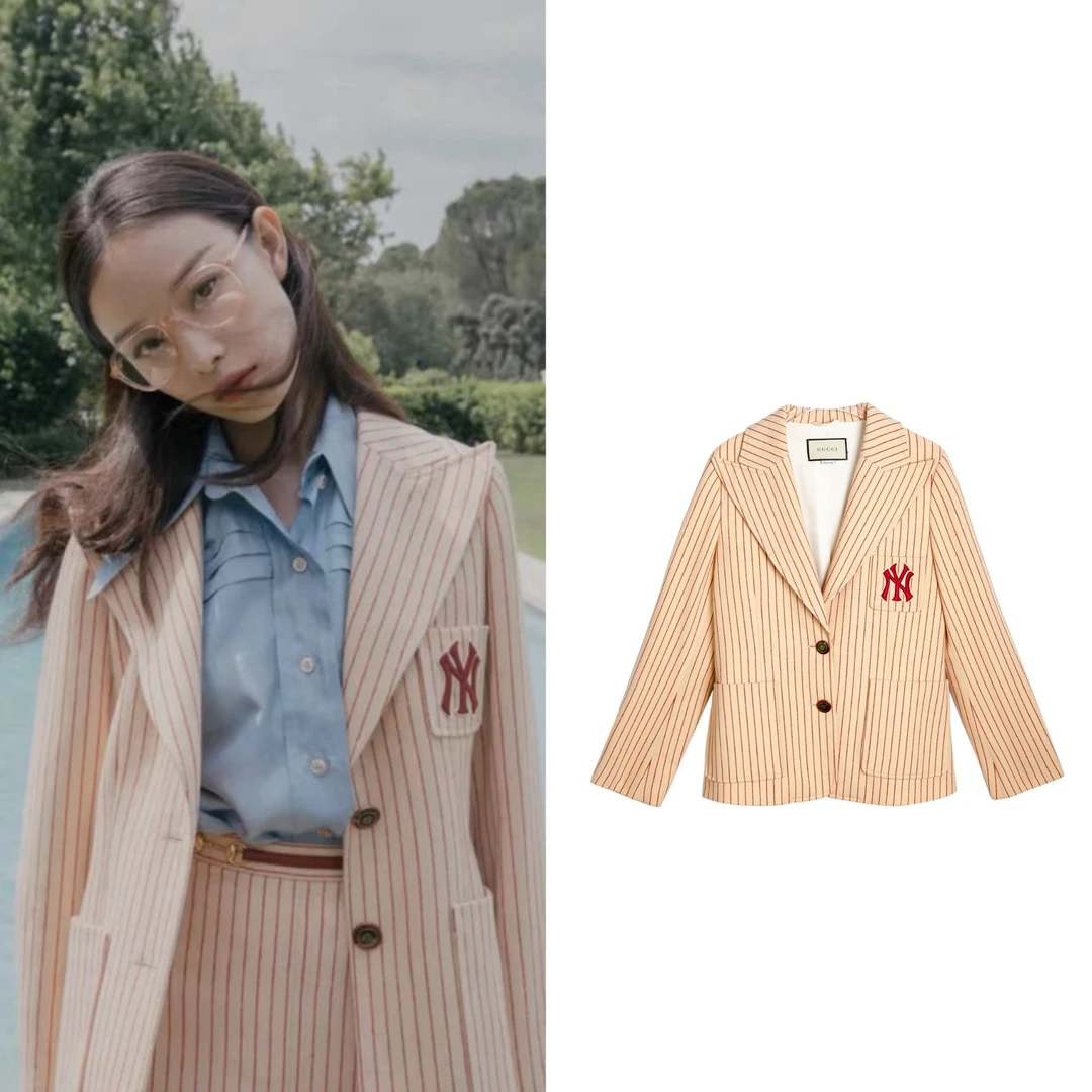 全新未使用 GUCCI/古驰 倪妮同款杏色休闲条纹西装外套 36码 1101