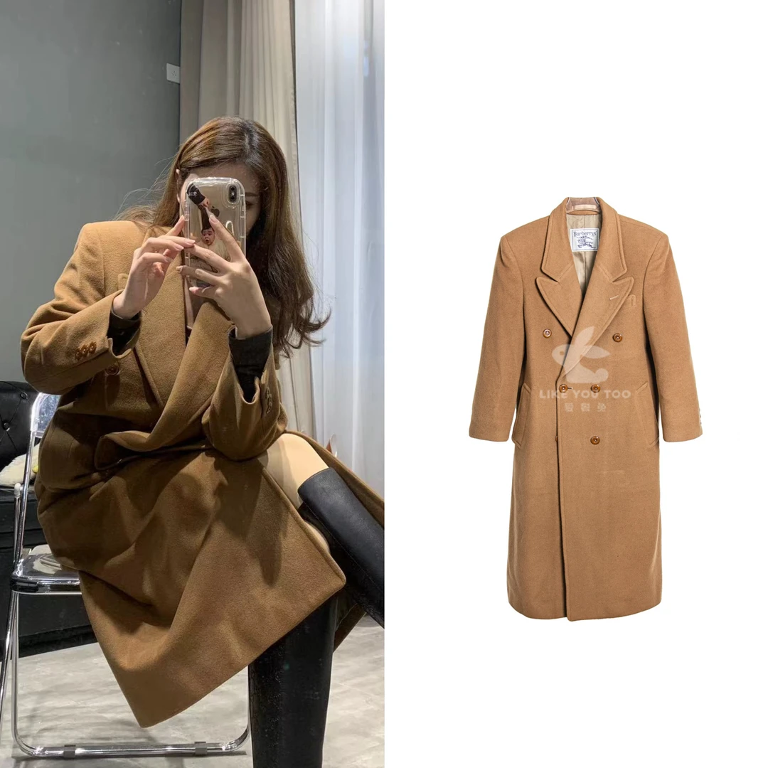 95新 BURBERRY/博柏利 巴宝莉双排扣中长款羊毛卡其色大衣 0402