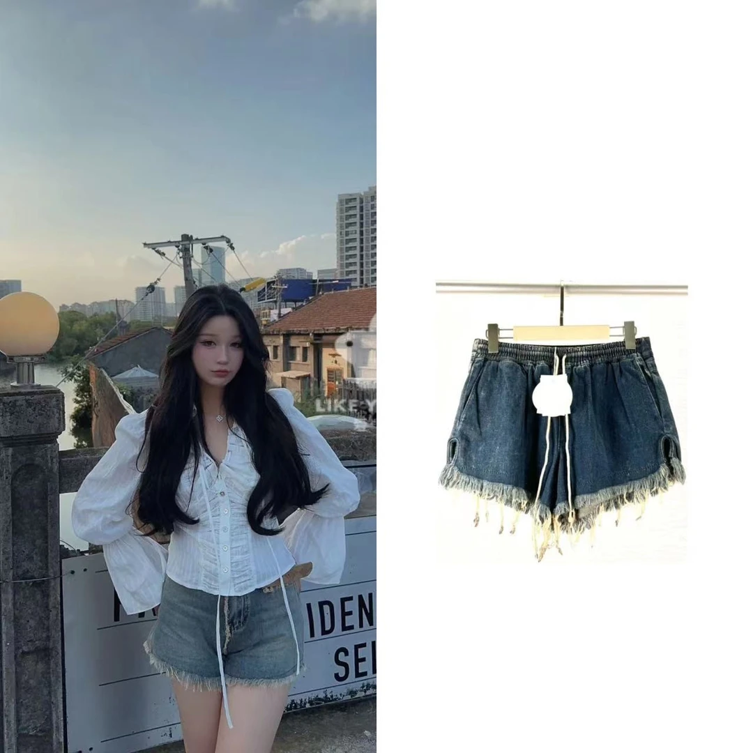 未使用 Chloe/蔻依 阔腿毛边深蓝色宽松休闲ins牛仔短裤C0720