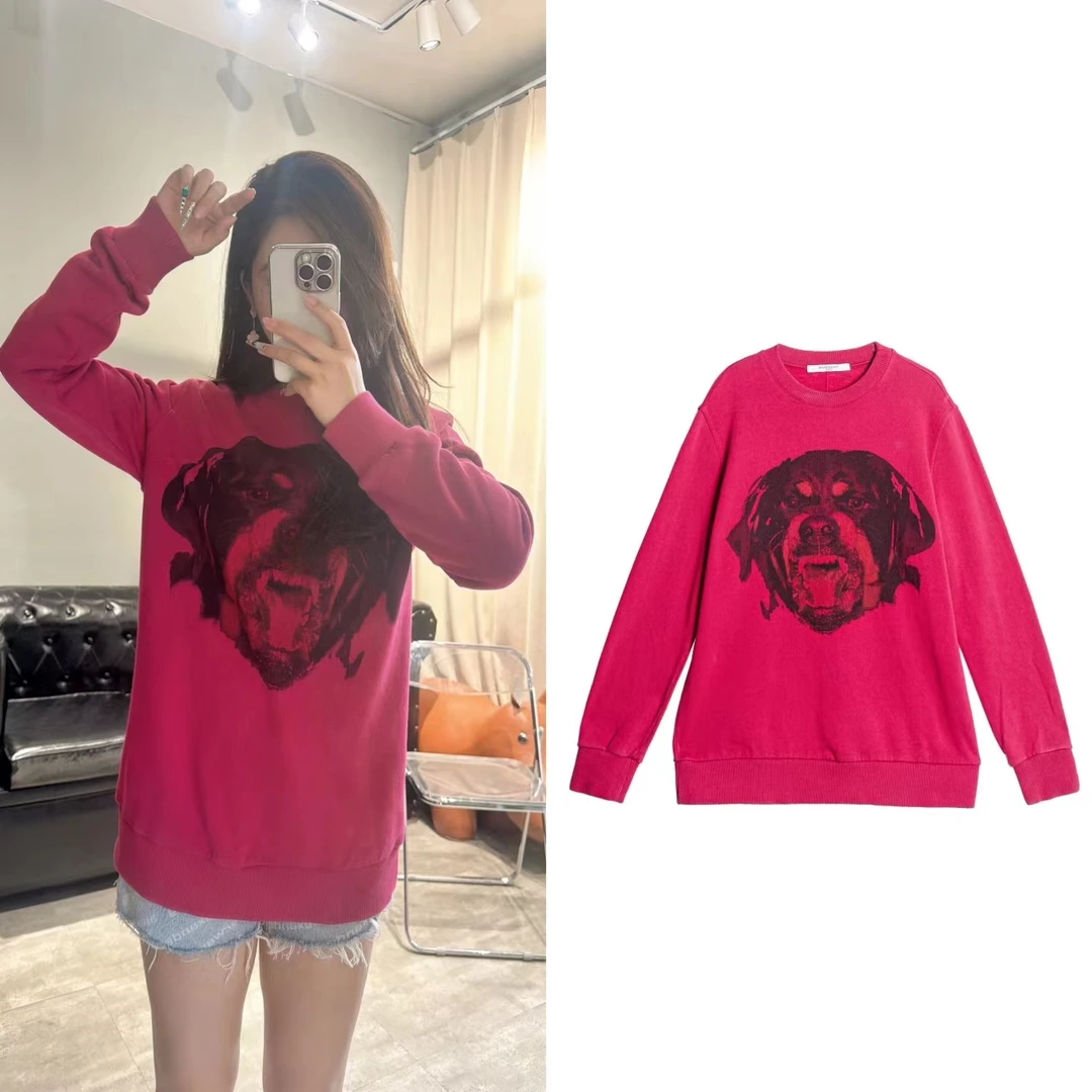 99新 Givenchy/纪梵希 休闲粉色狗头印花长袖圆领卫衣36码 G1410