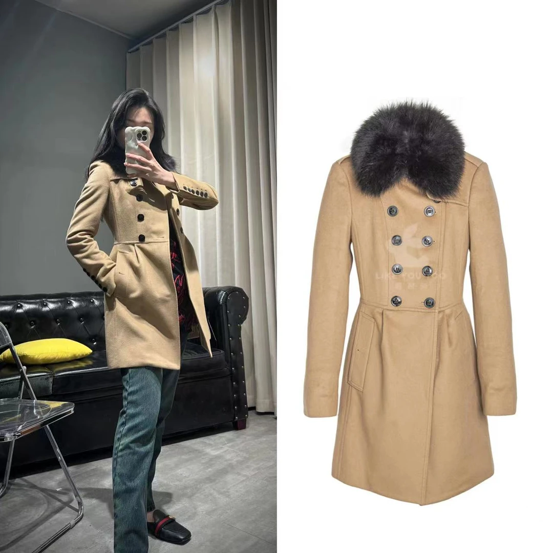 95新 BURBERRY/博柏利 时尚双排口秋冬女款驼色羊毛大衣8码3108