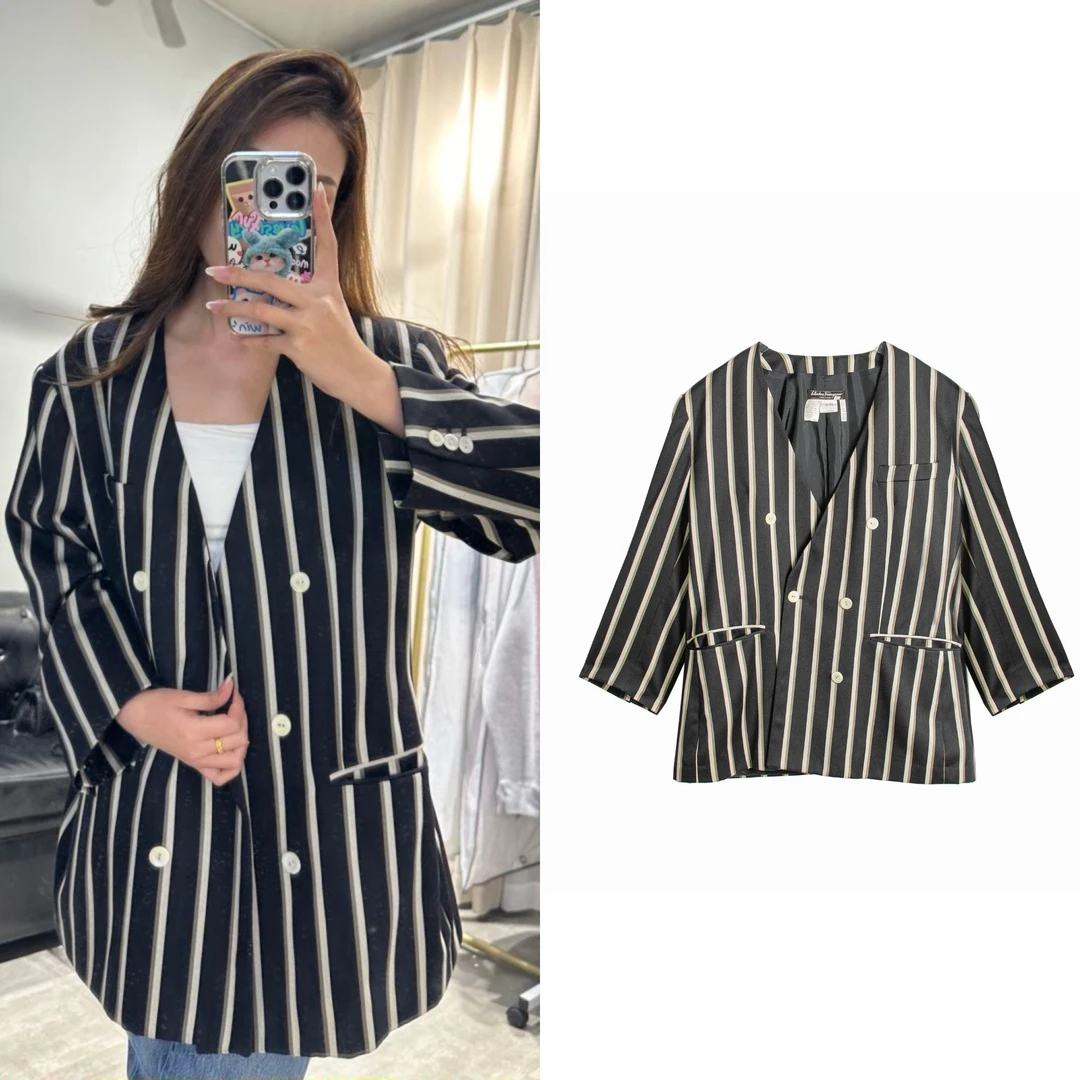 95新 FERRAGAMO/菲拉格慕 黑白气质百搭条纹西服西装外套48码2921