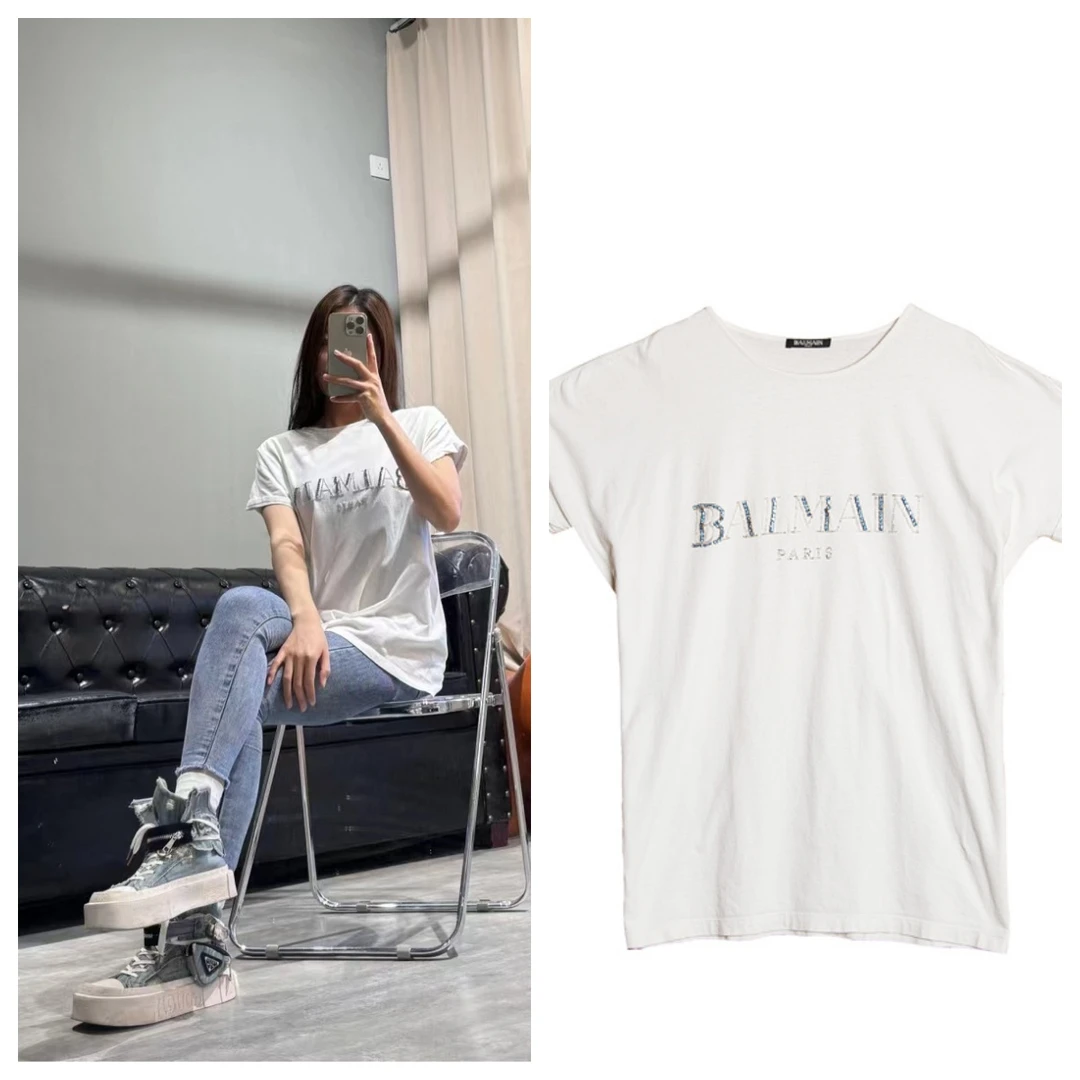 95新 BALMAIN/巴尔曼 休闲百搭简约白色纯棉t恤男装女装38码B1306