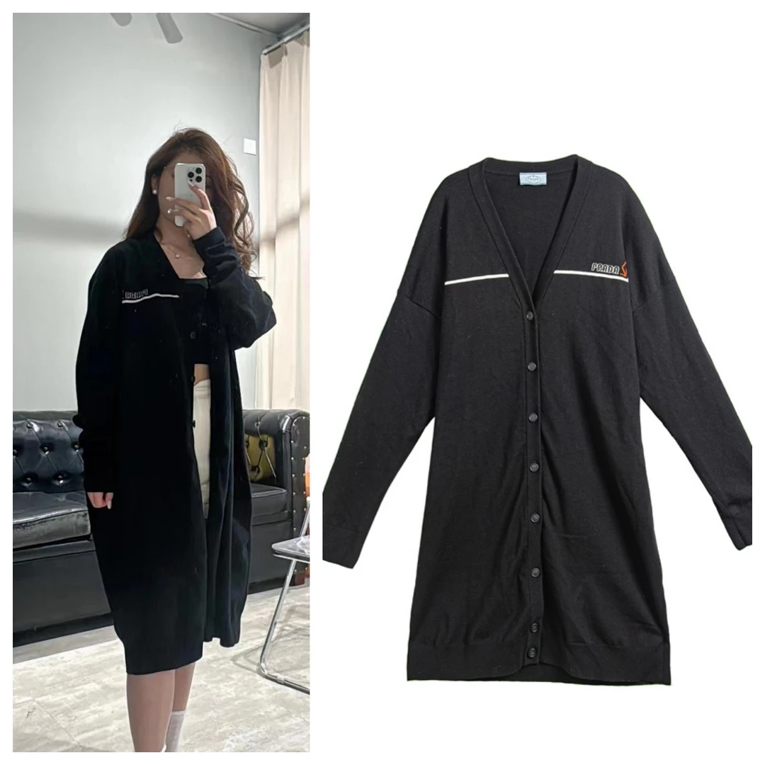 99新 Prada/普拉达 针织气质中长款黑色显瘦长袖开衫 40码 P2603