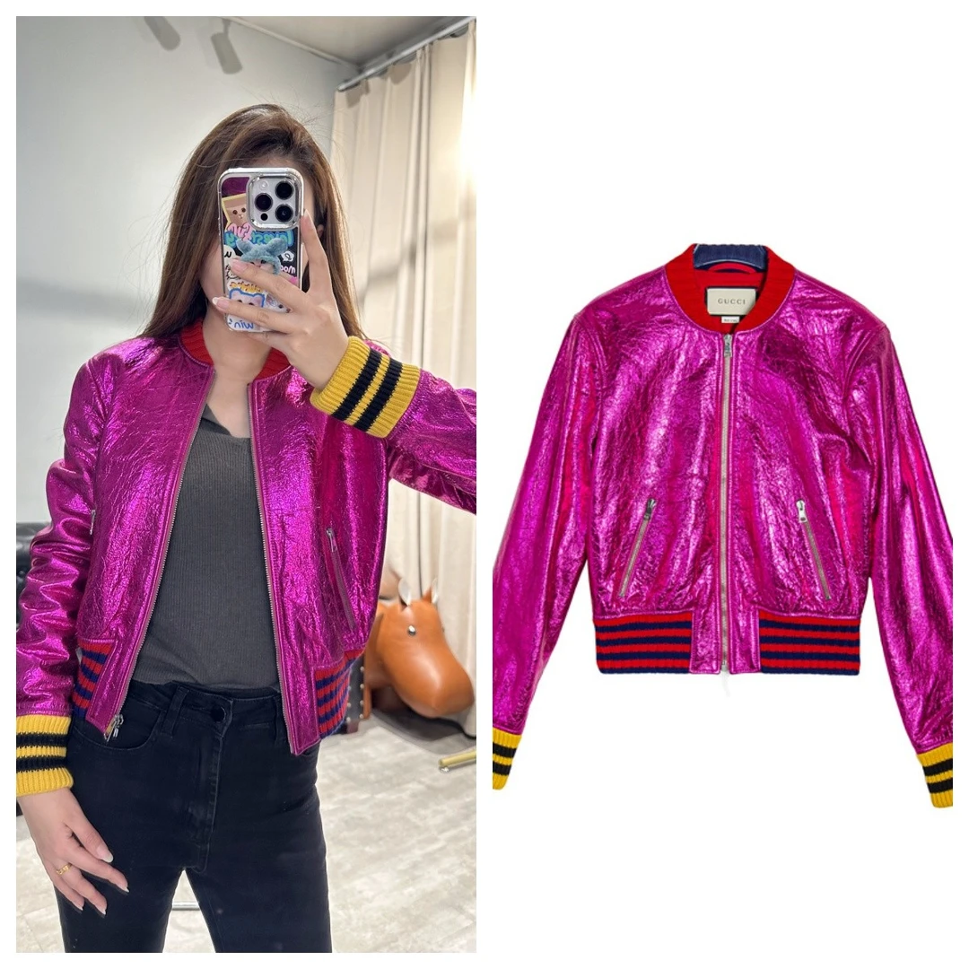 99新 GUCCI/古驰 长袖运动短款外套紫色亮面 40码 2501时尚休闲