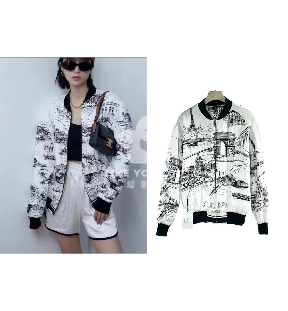 全新未使用 Celine/思琳 立领巴黎印花桑蚕丝夹棉外套36码 2505