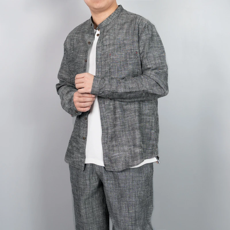 男士中国风棉麻休闲长袖春夏薄款宽松加肥亚麻纯色立领衬衫