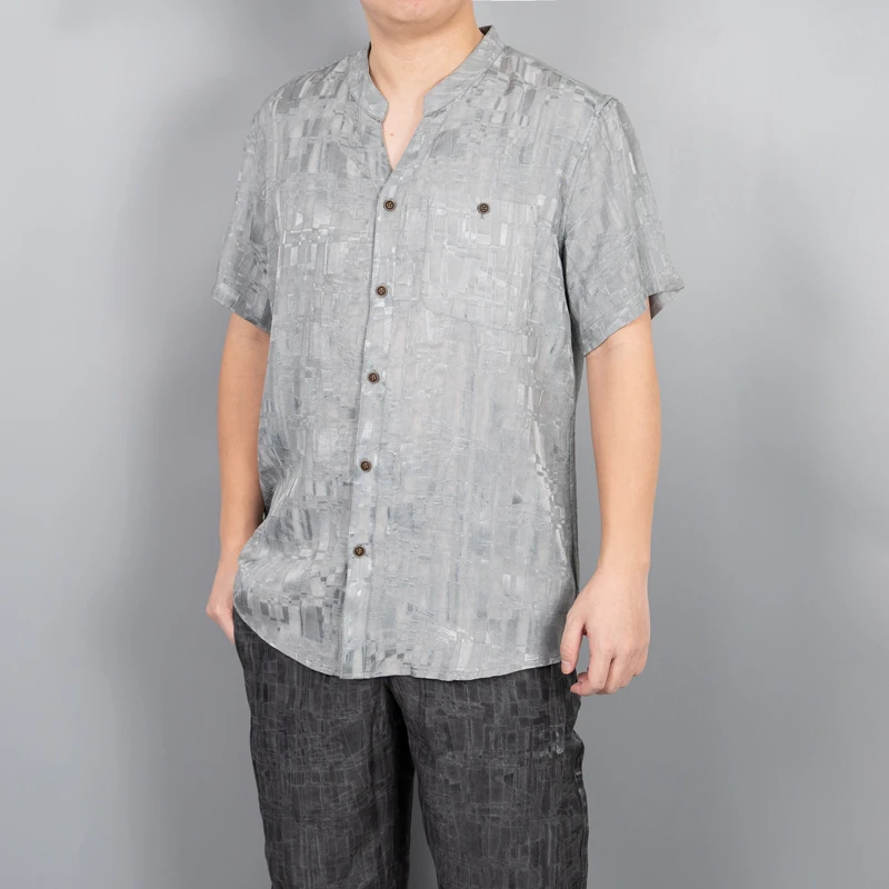 男士香云纱纹理薄款上衣夏季丝质短袖宽松加肥中国风衬衫