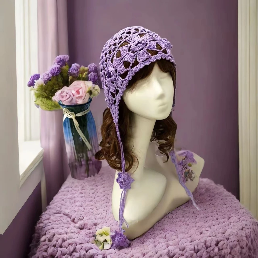 手工编织薄款民族风蕾丝时尚镂空帽子针织女款紫色包头帽女防晒帽