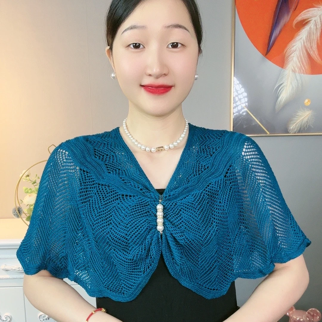 (带胸针）春夏季空调针织镂空披肩外搭可穿时尚袖套薄款护颈显瘦女