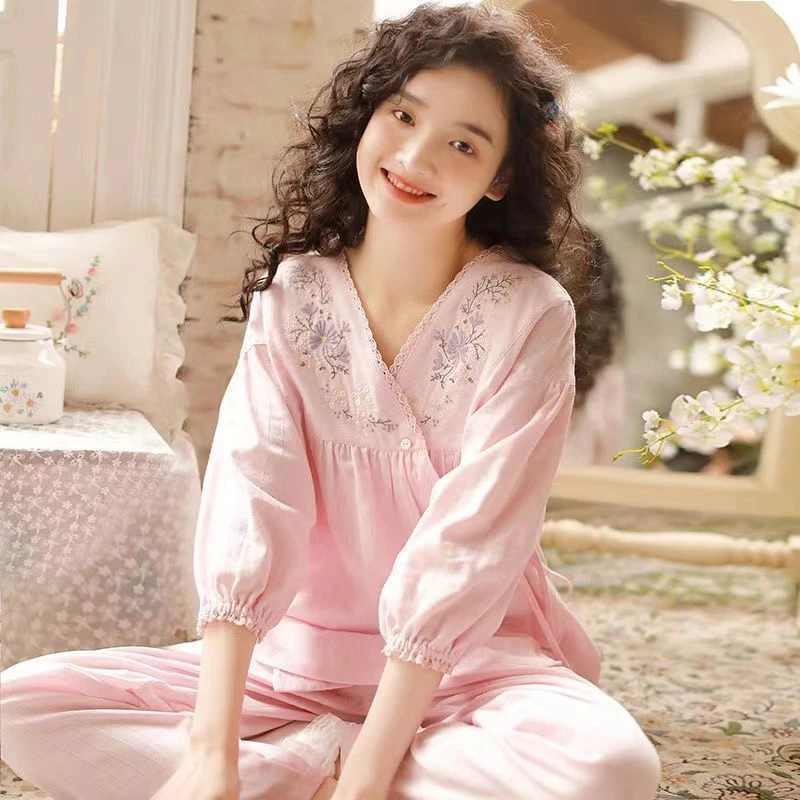 日系和服睡衣女春秋款夏季纯棉春夏薄款新款甜美七分袖套装家居服