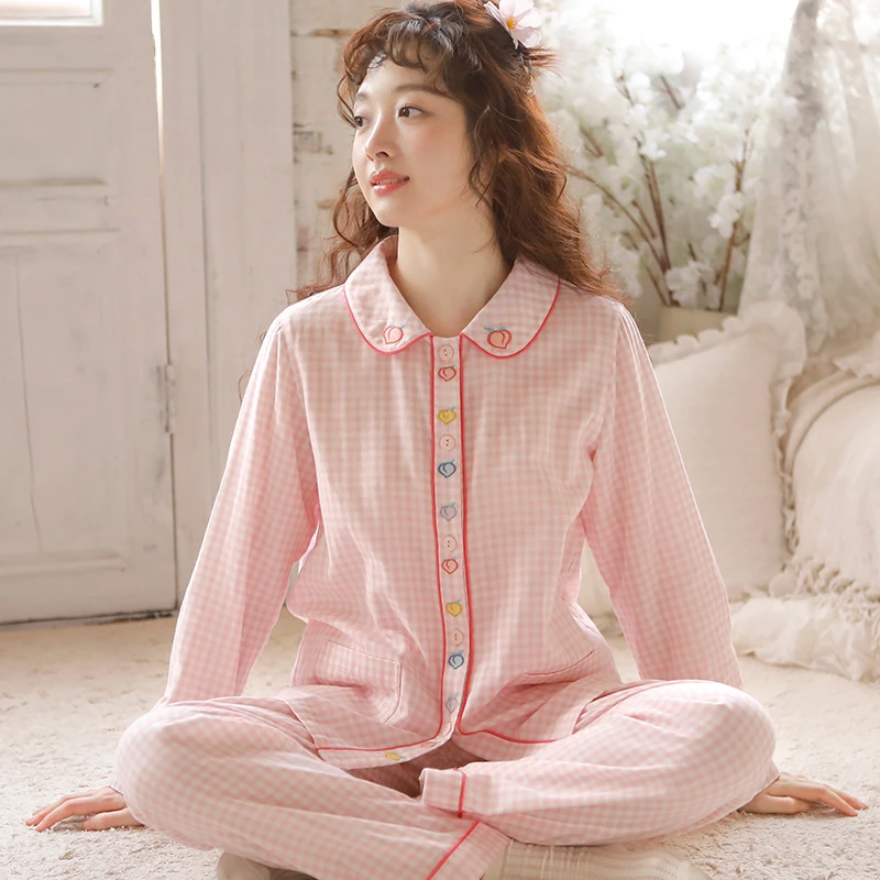 睡衣女款爆款2025新款春秋纯棉长袖长裤女士格子可外穿家居服套装