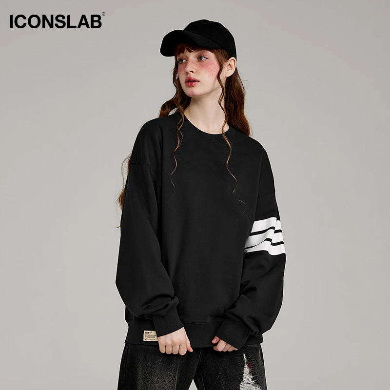 ICONSLAB条纹分割圆领套头卫衣男女美式高街情侣基础长袖上衣秋季