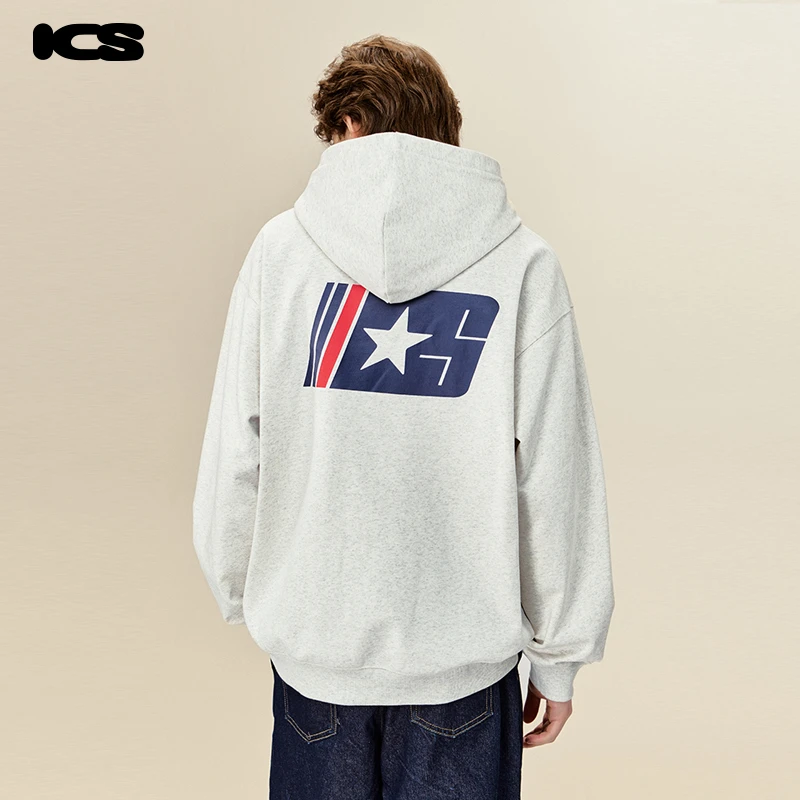 iconslab哑光胶印复古星星印花连帽卫衣套头百搭男女同款帽衫春季